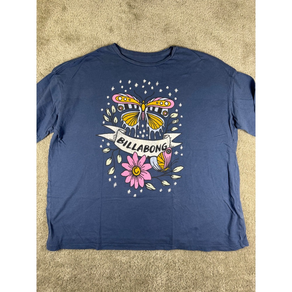 Billabong Womens XL Blue Butterfly Graphic T-Shirt ABJZT00392 Cotton Tee